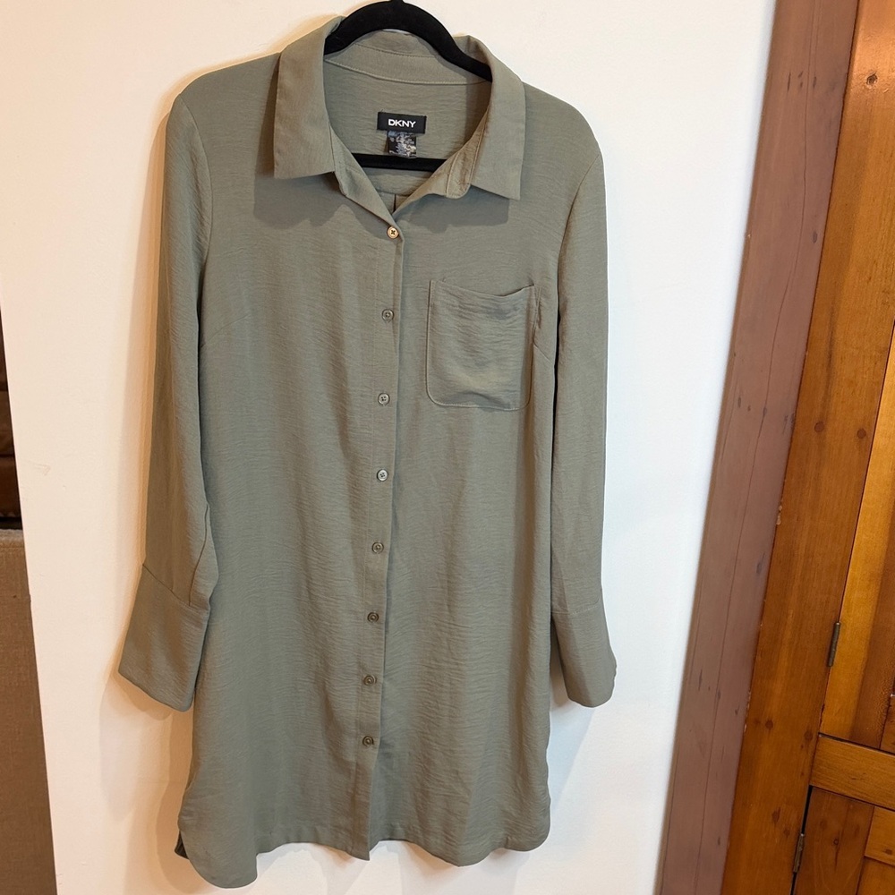 DKNY Sage Green Longline Button-Front Shirt Dress, 10 - Earth tones, Preppy